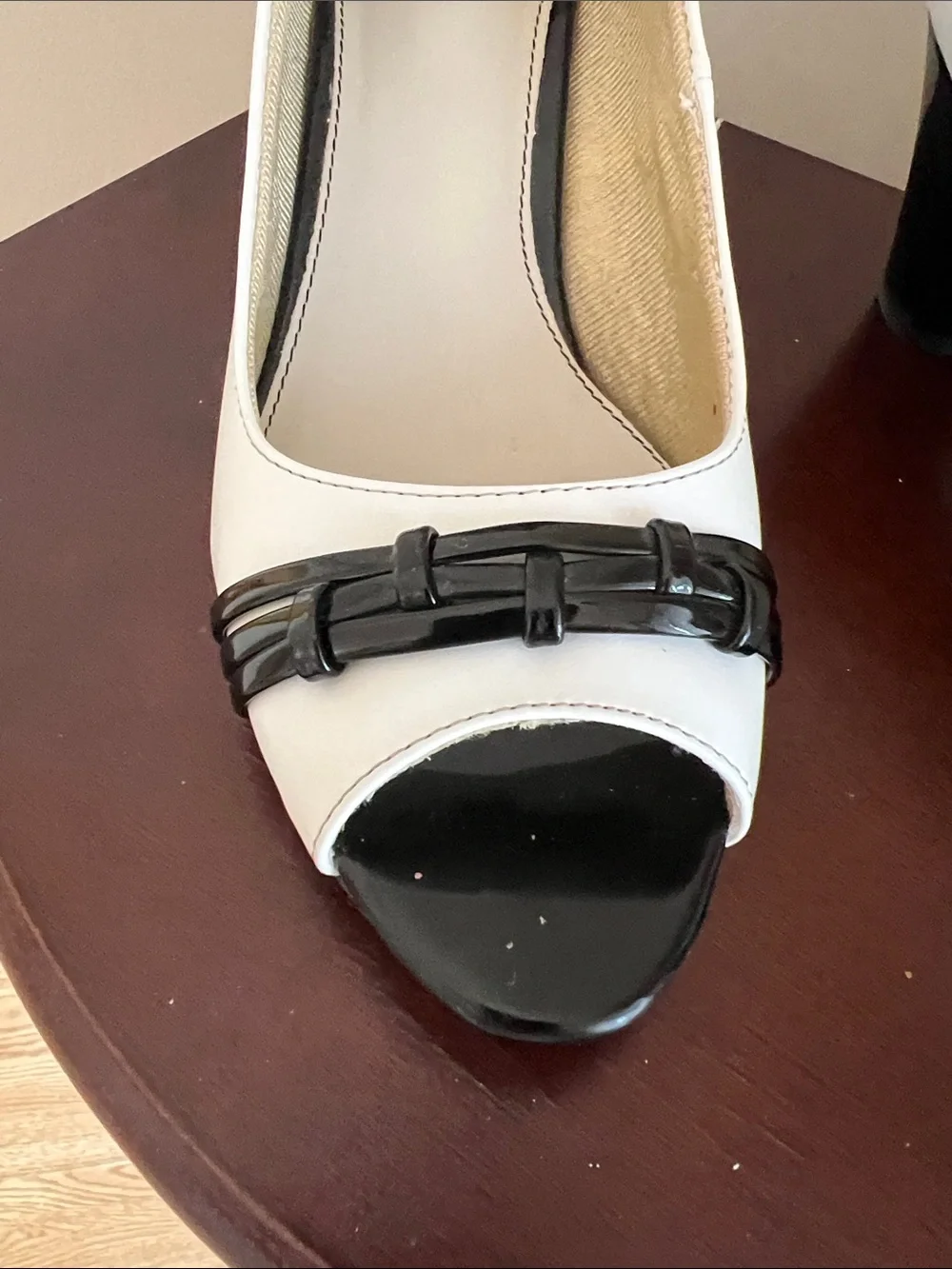 Life Stride White and Black Peep-Toe Heels with Strap Detail - 9.5
